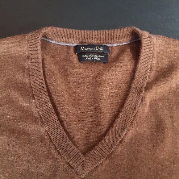 Massimo Dutti SZ M V-Neck Chestnut Brown Men's Cotton, Silk & Cashmere Sweater - Picture 3 of 15